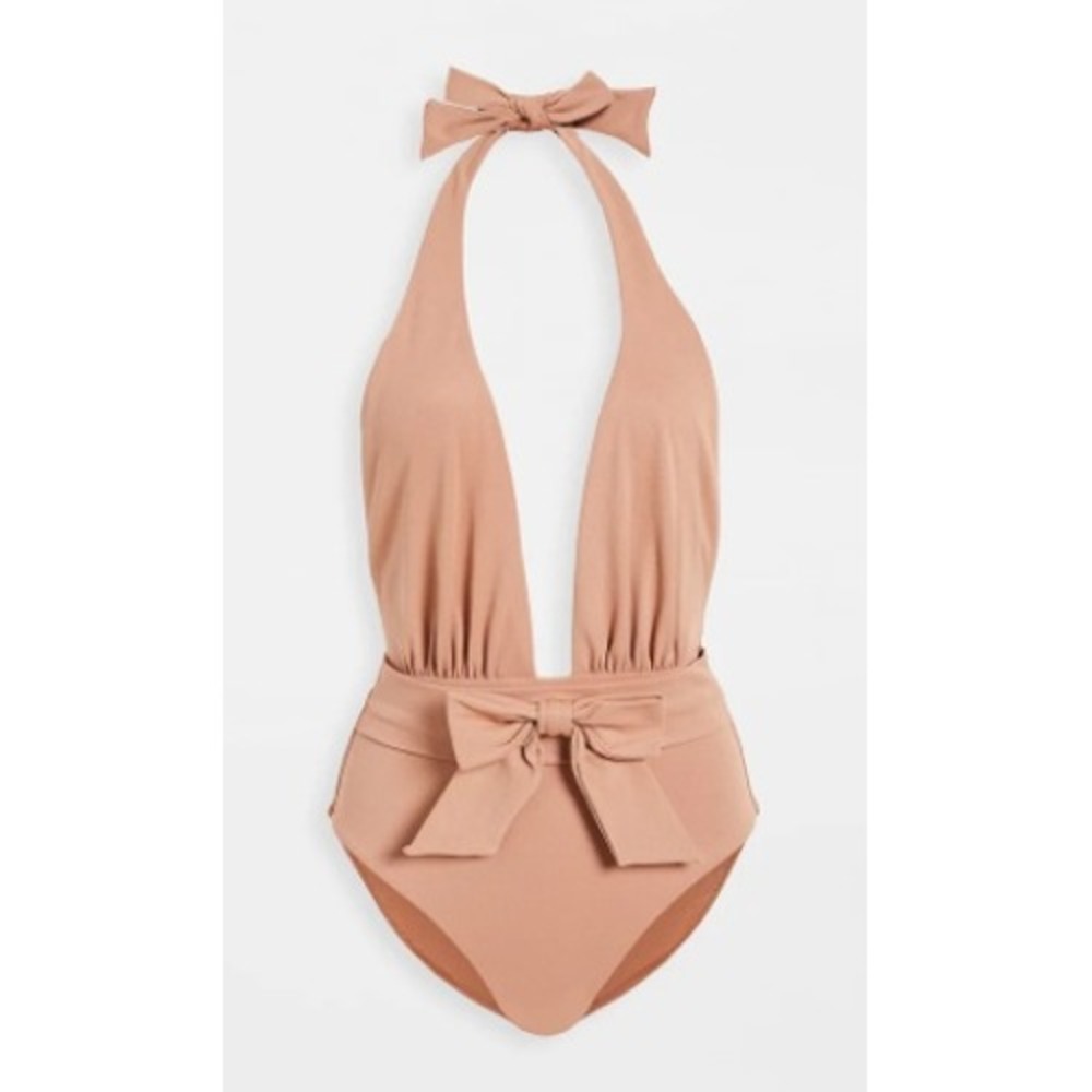 WeWoreWhat NWT Brooklyn Tan One Piece Swimsuit Tie Halter Bow Backless Monokini